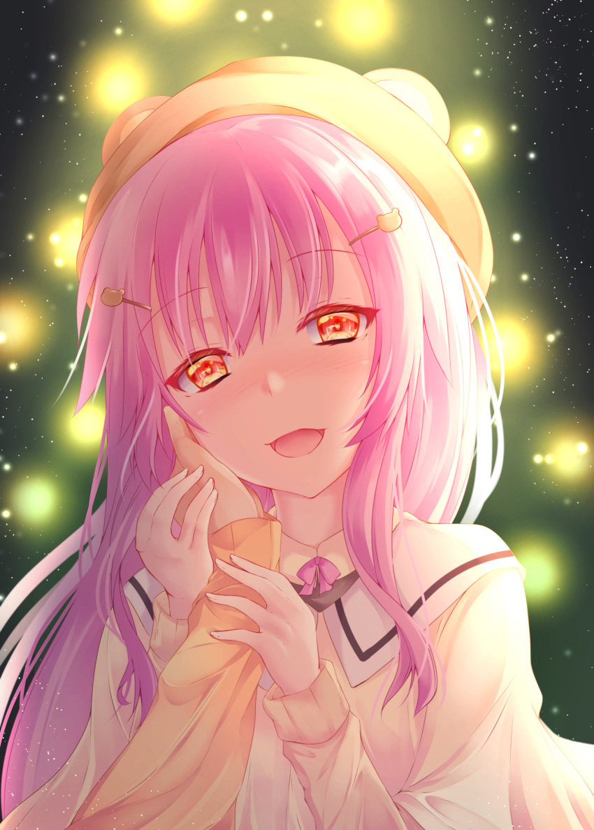 1girl :d bangs bear_hat blush eyebrows_visible_through_hair hair_between_eyes hand_grab hand_on_another's_cheek hand_on_another's_face highres himekuma_ribon konsoramoon long_hair looking_at_viewer open_mouth pink_hair pov pov_hands re:act red_eyes shiny shiny_hair smile solo_focus symbol-shaped_pupils upper_body virtual_youtuber