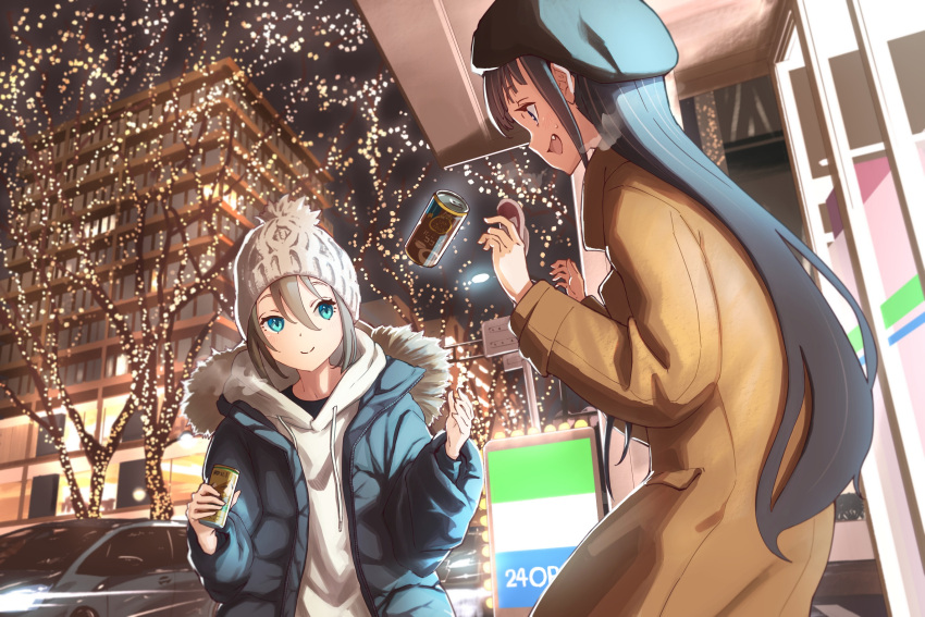 2girls beanie beret black_hair black_headwear blue_eyes blue_jacket brown_coat building can canned_coffee car christmas_lights city closed_mouth coat commentary_request convenience_store drawstring dutch_angle fang grey_hair ground_vehicle hat highres hood hood_down hoodie jacket long_hair long_sleeves looking_at_another michinoku_(hiking_miusan18) motor_vehicle multiple_girls night original outdoors shop short_hair smile surprised sweatdrop tree white_headwear white_hoodie winter_clothes