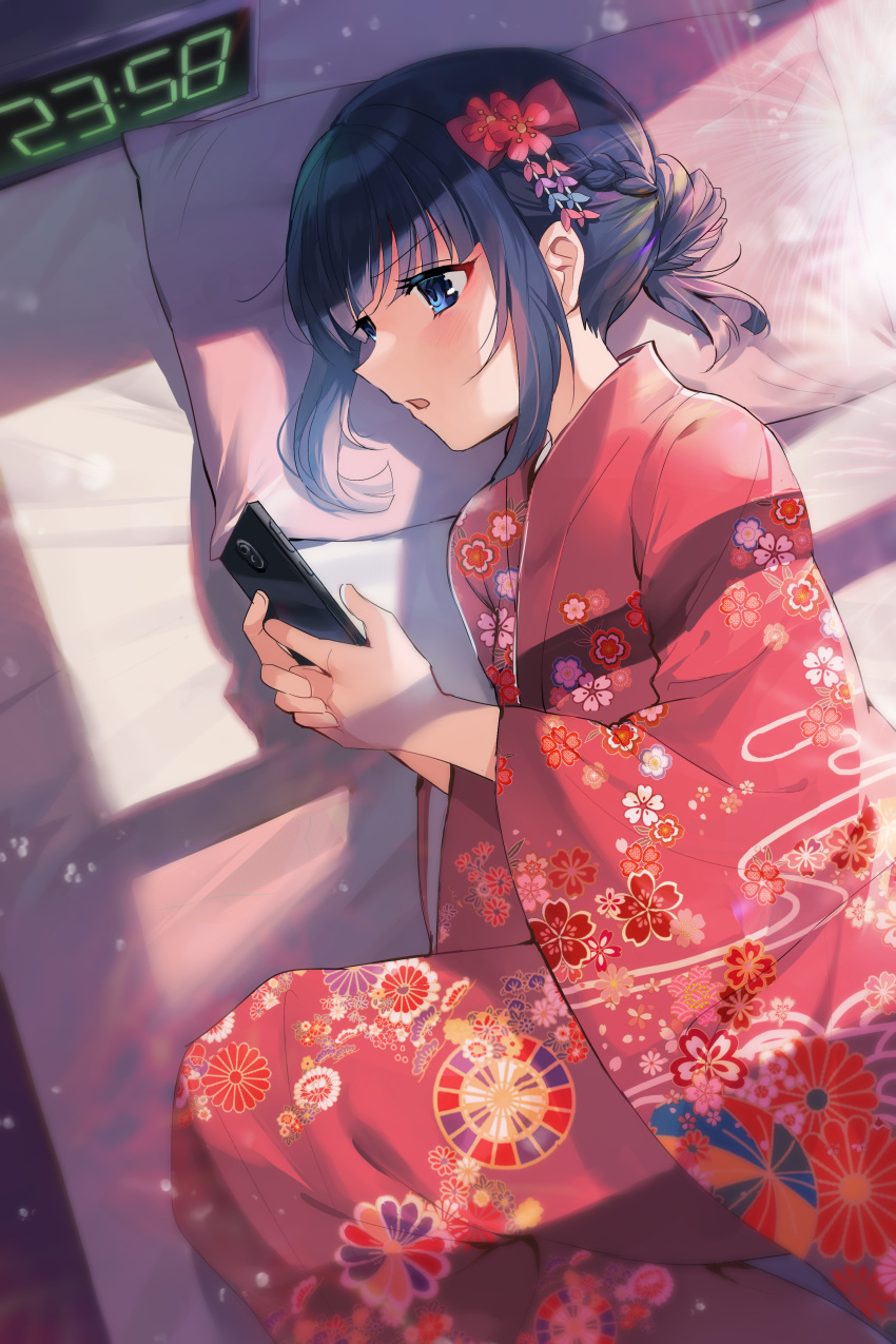 1girl absurdres akitsuki_(oenothera) alarm_clock bangs bed_sheet black_hair blue_eyes blunt_bangs braid breasts clock commentary_request feet_out_of_frame floral_print flower from_above hair_bun hair_flower hair_ornament highres holding holding_phone japanese_clothes kimono long_sleeves looking_at_phone lying on_back on_bed on_side open_mouth original phone pillow print_kimono red_flower red_kimono short_hair sidelocks solo v-shaped_eyebrows wide_sleeves window_shade