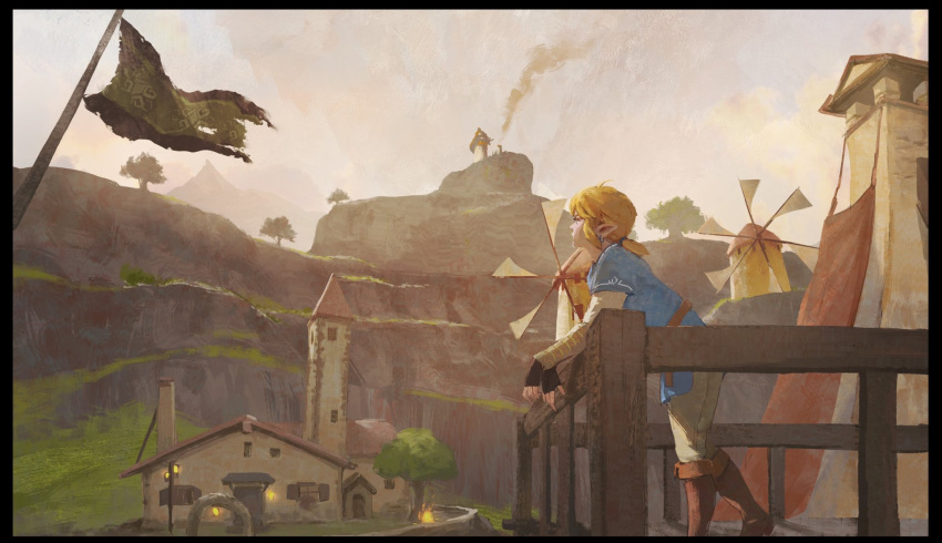 1boy against_fence black_gloves blonde_hair blue_tunic boots brown_footwear building clouds commentary_request day door fence fingerless_gloves flag gloves grass highres link long_hair looking_up male_focus minami_cha outdoors pants sky standing the_legend_of_zelda the_legend_of_zelda:_breath_of_the_wild torn_flag tree windmill