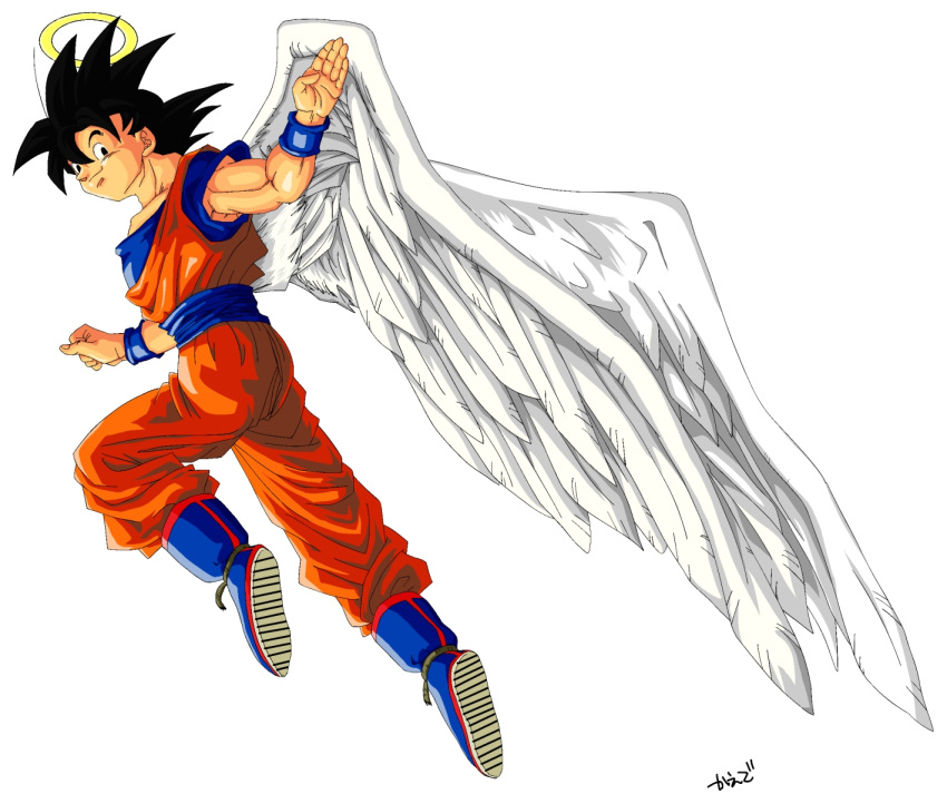 1boy angel_wings black_eyes black_hair dragon_ball dragon_ball_z feathered_wings halo highres kaede_(sakanatoneko) looking_at_viewer looking_back male_focus muscular simple_background smile solo son_goku spiky_hair white_background white_wings wings