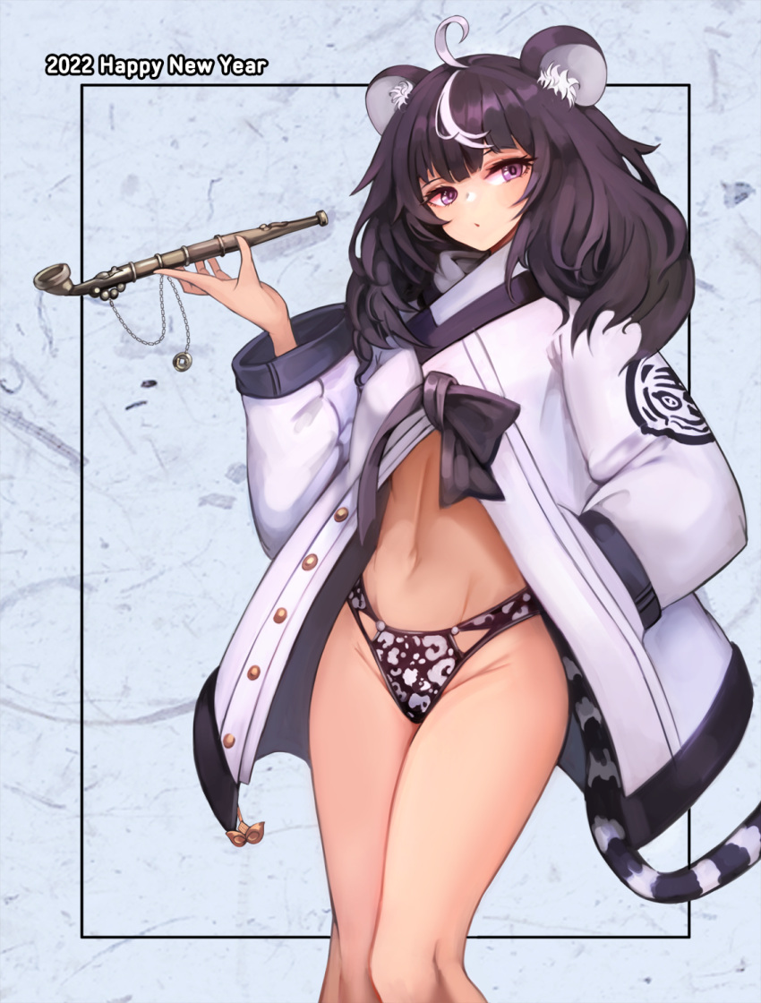 1girl 2022 ahoge animal_ear_fluff animal_ears bangs black_hair black_panties chain chinese_zodiac coat commentary_request groin hand_in_pocket happy_new_year head_tilt highres long_hair long_sleeves looking_at_viewer multicolored_hair navel new_year no_pants notte open_clothes open_coat original panties pipe shiny shiny_hair solo standing stomach streaked_hair tail tiger_ears tiger_girl tiger_tail unbuttoned underwear violet_eyes white_coat white_hair white_panties wide_sleeves year_of_the_tiger