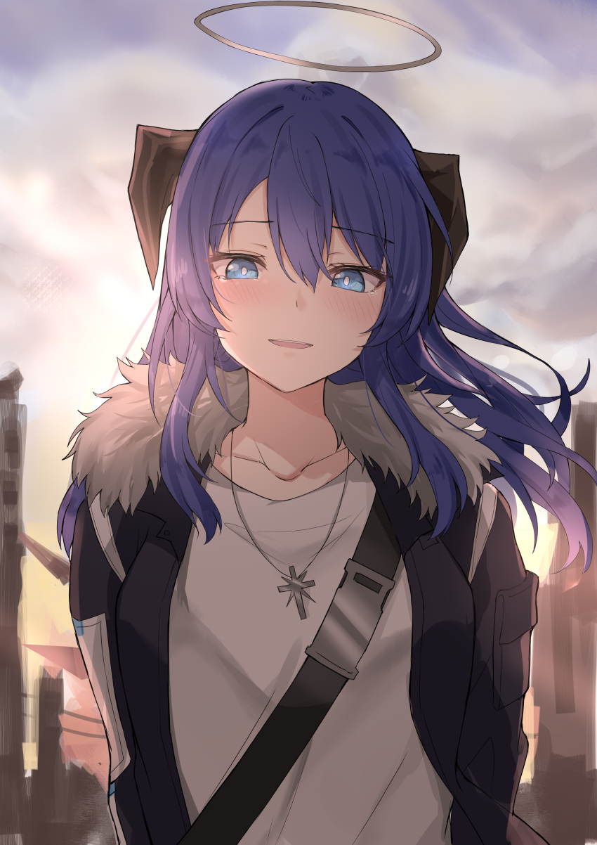 1girl :d absurdres arknights arms_behind_back backlighting bangs black_jacket blue_eyes blue_hair blush clouds collarbone cross cross_necklace day demon_horns eyebrows_visible_through_hair fur-trimmed_jacket fur_trim halo highres horns jacket jewelry long_hair long_sleeves looking_at_viewer mango_(mgo) mostima_(arknights) necklace open_clothes open_jacket open_mouth outdoors shirt smile solo sunlight tearing_up tears upper_body white_shirt