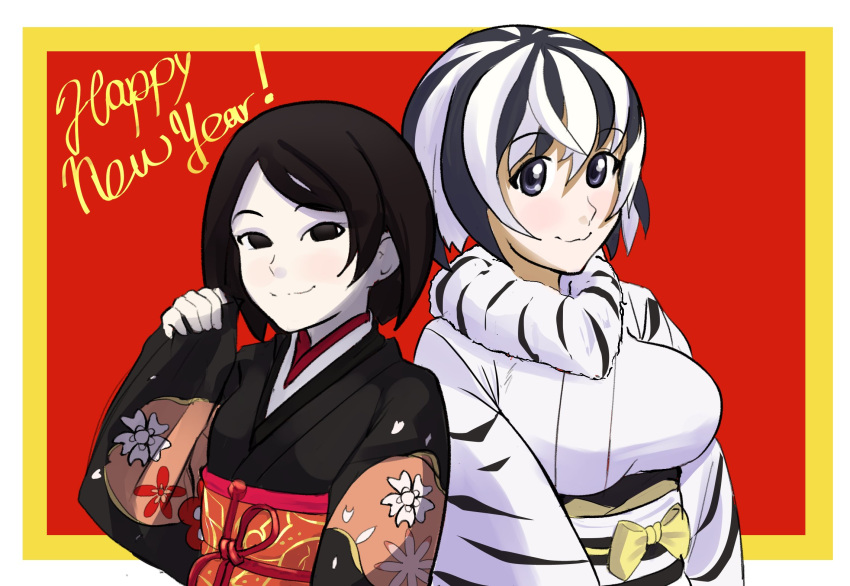 1girl 1other black_eyes black_hair breasts chinese_zodiac closed_mouth commentary english_commentary english_text grey_eyes hanekawa_tsubasa happy_new_year highres japanese_clothes kimono large_breasts looking_at_viewer monogatari_(series) multicolored_hair new_year oshino_ougi short_hair smile streaked_hair veko_draw_friendo white_hair year_of_the_tiger