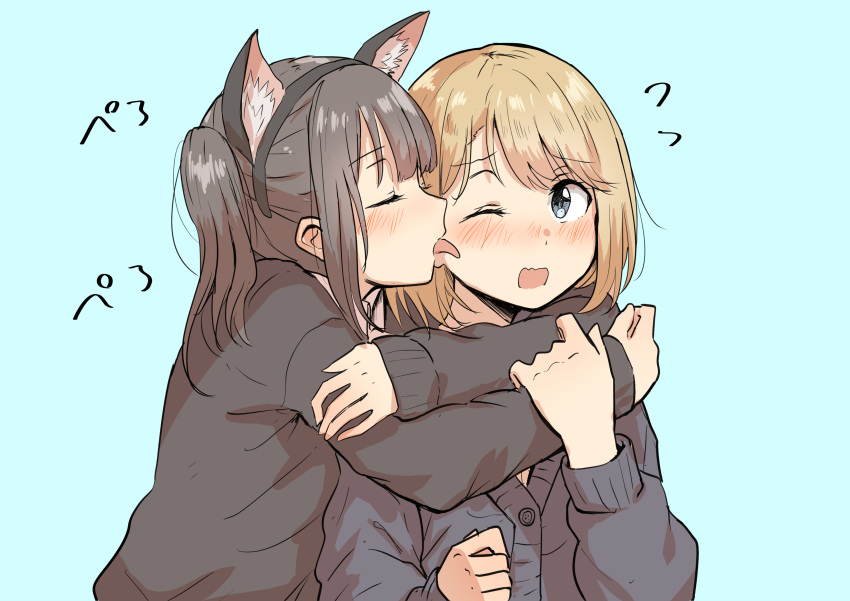 2girls absurdres animal_ears bangs betock black_sweater blonde_hair blue_background blue_eyes blush brown_hair closed_eyes commentary_request eyebrows_visible_through_hair eyelashes fake_animal_ears highres hug licking licking_another's_cheek licking_another's_face multiple_girls one_eye_closed open_mouth original short_hair simple_background sweater swept_bangs tongue tongue_out yuri