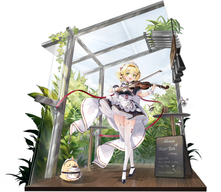1girl alternate_costume anchor_symbol apron azur_lane back_bow black_dress black_footwear bow breasts coffee cup dress emerald_(gemstone) enmaided frilled_apron frills full_body garter_straps green_eyes hair_ornament high_heels highres holding holding_cup holding_instrument instrument long_hair maid maid_apron maid_cafe maid_headdress manjuu_(azur_lane) medium_breasts menu_board official_alternate_costume official_art open_mouth puffy_short_sleeves puffy_sleeves rabbit red_ribbon ribbon short_sleeves solo southampton_(afternoon_impromptu)_(azur_lane) southampton_(azur_lane) thigh-highs transparent_background vilor violin white_apron white_bow white_garter_straps white_legwear wooden_floor wrist_cuffs x_hair_ornament