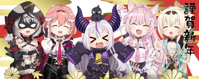 &gt;_&lt; 5girls absurdres animal_ears animal_on_head bangs bird bird_on_head black_hair blonde_hair braid breasts coyote_ears crow_(la+_darknesss) demon_horns eye_mask hakui_koyori happy_new_year highres hololive holox horns kazama_iroha kyabetsu_ningen la+_darknesss long_hair mask multicolored_hair multiple_girls new_year on_head orca_hood pink_hair ponytail sakamata_chloe silver_hair sleeves_past_fingers sleeves_past_wrists solo streaked_hair striped_horns takane_lui virtual_youtuber