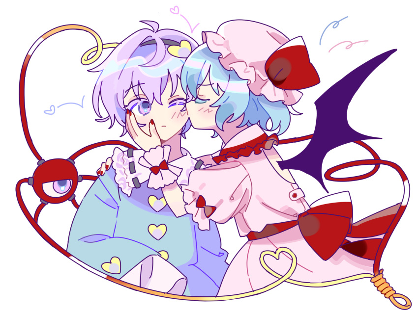 2girls bat_wings blue_hair blush bow closed_eyes de17a dress frilled_shirt_collar frills hairband hand_on_another's_face hand_on_another's_shoulder hat heart highres kiss kissing_cheek komeiji_satori large_bow long_sleeves mob_cap multiple_girls one_eye_closed purple_hair remilia_scarlet short_hair third_eye touhou upper_body violet_eyes wings yuri