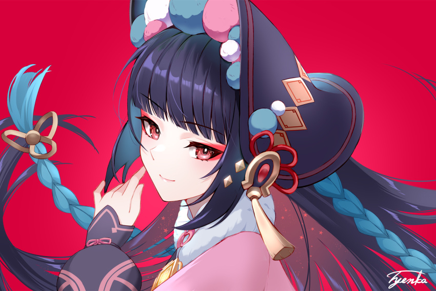 1girl bangs black_hair black_headwear blue_hair blunt_bangs bonnet braid closed_mouth commentary_request eyebrows_visible_through_hair eyeshadow floating_hair from_side fur_collar genshin_impact hand_up highres lolita_fashion long_hair looking_at_viewer looking_to_the_side makeup multicolored_clothes multicolored_hair multicolored_headwear qi_lolita red_background red_eyes red_eyeshadow shiny shiny_hair sidelocks signature sleeves_past_wrists smile solo star_(symbol) tassel tyenka7728 upper_body vision_(genshin_impact) yunjin_(genshin_impact)