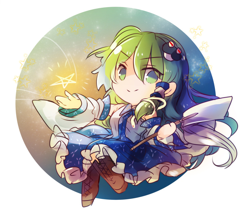 &gt;:) 1girl bangs blue_skirt boots chibi closed_mouth collared_shirt commentary_request detached_sleeves eyebrows_visible_through_hair frilled_skirt frills frog_hair_ornament full_body gohei green_eyes green_hair hair_between_eyes hair_ornament hair_tubes highres kochiya_sanae kutsuki_kai long_hair long_skirt looking_at_viewer shide shirt skirt sleeveless snake_hair_ornament solo star_(symbol) touhou v-shaped_eyebrows white_background