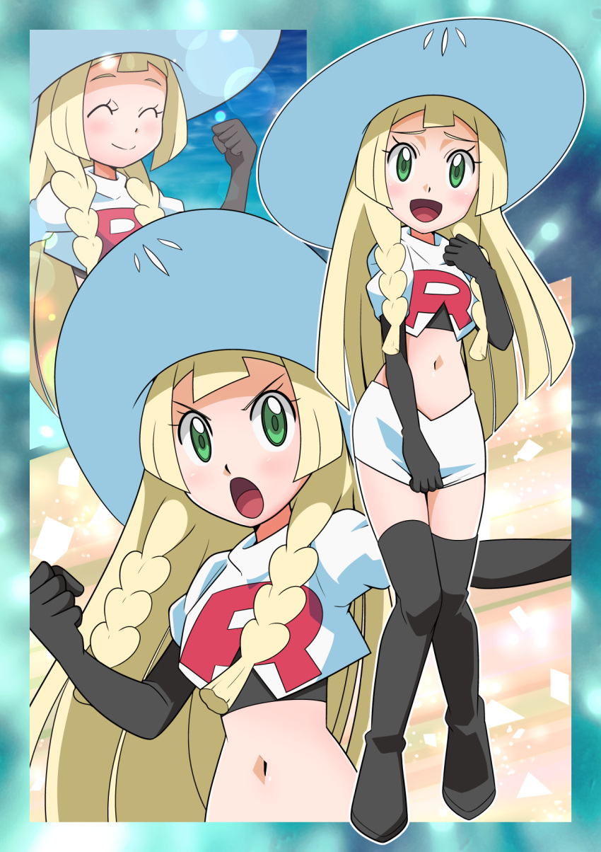 1girl bangs black_footwear black_gloves blonde_hair blunt_bangs boots braid clenched_hand closed_eyes closed_mouth commentary_request cosplay cropped_jacket elbow_gloves eyelashes gloves green_eyes hainchu hat highres jacket jessie_(pokemon) jessie_(pokemon)_(cosplay) lens_flare lillie_(pokemon) logo long_hair multiple_views navel outline pokemon pokemon_(anime) pokemon_sm_(anime) skirt smile sun_hat team_rocket team_rocket_uniform thigh-highs thigh_boots twin_braids white_jacket white_skirt