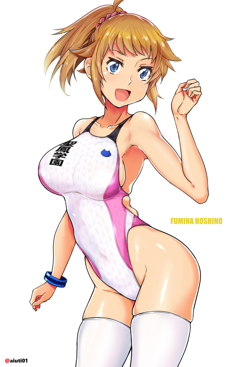 1girl absurdres adapted_costume aiuti blue_eyes breasts brown_hair character_name collarbone commentary_request competition_swimsuit cowboy_shot gundam gundam_build_fighters gundam_build_fighters_try highleg highleg_swimsuit highres hoshino_fumina medium_breasts one-piece_swimsuit open_mouth ponytail smile solo standing swimsuit thigh-highs twitter_username white_legwear white_swimsuit zettai_ryouiki