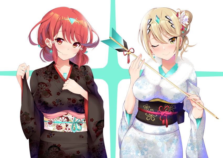 2girls absurdres alternate_costume alternate_hairstyle bangs blonde_hair breasts chest_jewel daive earrings hair_ornament highres japanese_clothes jewelry kimono large_breasts multiple_girls mythra_(xenoblade) new_year pyra_(xenoblade) red_eyes redhead short_hair solo swept_bangs tiara xenoblade_chronicles_(series) xenoblade_chronicles_2 yellow_eyes