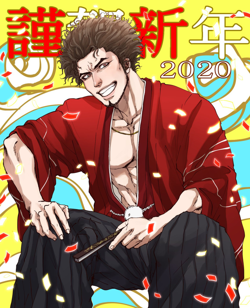 1boy 2020 abs afro birthday brown_eyes brown_hair coco_(h221414) eyebrows facial_hair floral_background gold_necklace hand_fan happy_birthday happy_new_year highres japanese_clothes jewelry kasuga_ichiban kimono male_focus manly necklace new_year open_clothes open_kimono ryuu_ga_gotoku ryuu_ga_gotoku_7 smirk squatting yellow_background
