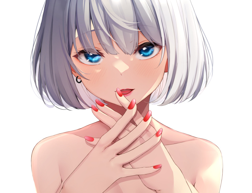 1girl bangs blue_eyes blush collarbone commentary_request earrings eyebrows_visible_through_hair grey_hair hands_up jewelry looking_at_viewer minato_yu nail_polish nude original own_hands_together parted_lips red_lips red_nails short_hair simple_background smile solo upper_body white_background