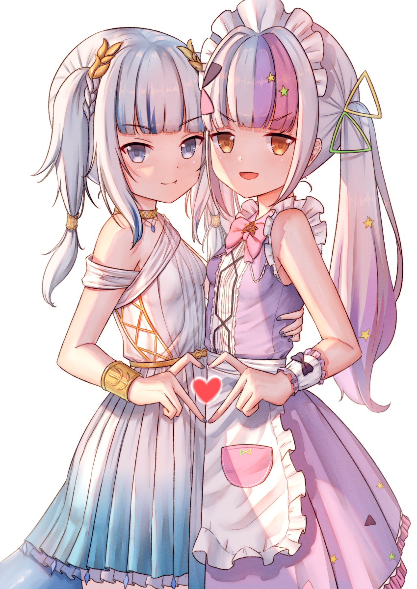 2girls :d absurdres apron bangs blue_eyes blue_hair blue_nails blunt_bangs braid breasts commentary_request eyebrows_visible_through_hair fang fang_out gawr_gura hair_ornament heart heart_hands heart_hands_duo highres hololive hololive_english looking_at_viewer multicolored_hair multiple_girls murasaki_shion nail_polish official_alternate_costume open_mouth orange_eyes pink_hair purple_hair ray_peng sleeveless small_breasts smile star_(symbol) star_hair_ornament twintails two-tone_hair v-shaped_eyebrows virtual_youtuber waist_apron white_hair wrist_cuffs