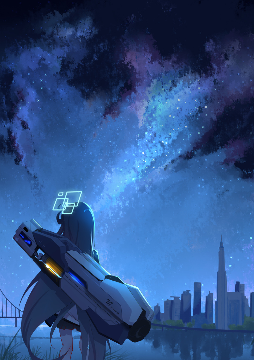 1girl absurdres arisu_(blue_archive) back blue_archive bridge city commentary_request feet_out_of_frame halo highres lake long_hair nero night night_sky railgun reflection reflective_water sky solo standing star_(sky) starry_sky very_long_hair weapon weapon_on_back