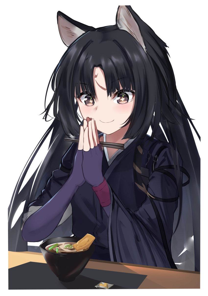 +_+ 1girl absurdres animal_ears arknights bangs black_hair black_kimono blush border bowl brown_eyes chopsticks closed_mouth commentary_request dog_ears elbow_gloves eyebrows_visible_through_hair facial_mark fingerless_gloves food forehead_mark gloves highres holding holding_chopsticks japanese_clothes kimono long_hair long_sleeves looking_at_food own_hands_together parted_bangs purple_gloves saga_(arknights) shiki44boku simple_background smile solo sparkling_eyes table upper_body very_long_hair white_background white_border wide_sleeves