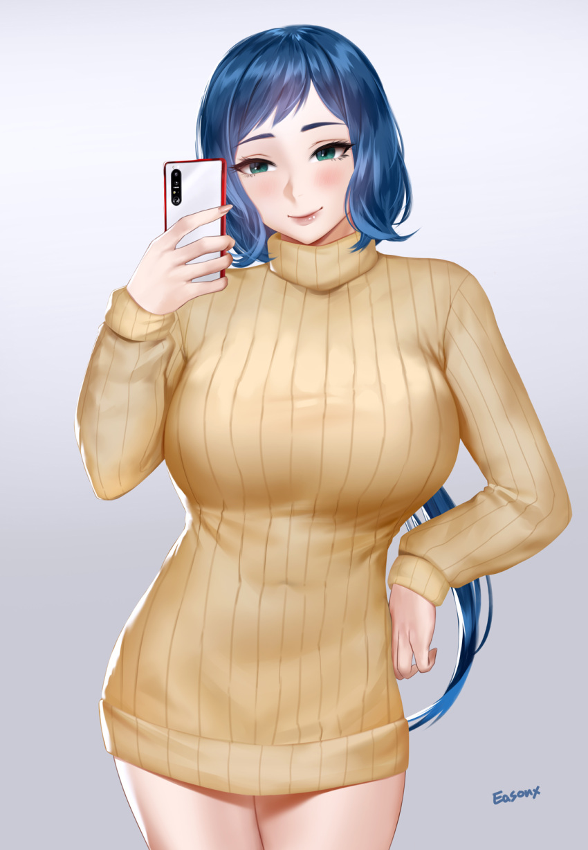 1girl artist_name blue_hair breasts cellphone closed_mouth commentary_request cowboy_shot easonx english_commentary eyelashes gradient gradient_background green_eyes hand_up highres holding holding_phone iori_rinko large_breasts long_hair long_sleeves mixed-language_commentary phone ribbed_sweater smartphone smile solo standing sweater turtleneck turtleneck_sweater very_long_hair yellow_sweater