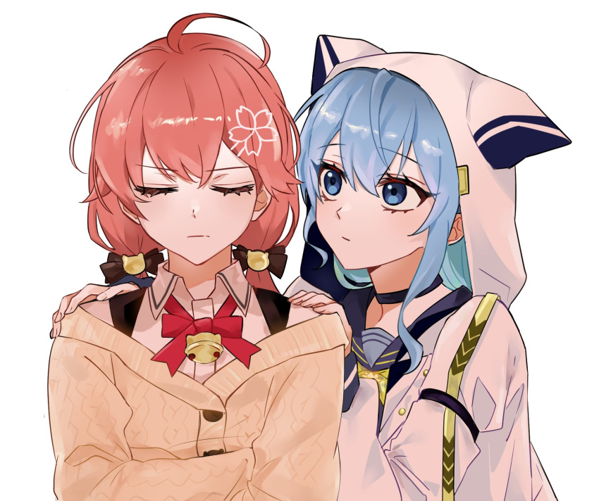 2girls ahoge blue_eyes blue_hair buttons closed_eyes collarbone commentary_request crossed_arms flower hair_flower hair_ornament hands_on_another's_shoulders highres hololive hood hood_up hoodie hoshimachi_suisei ivi_1596 long_sleeves looking_at_another low_twintails multiple_girls pink_hair red_neckwear sakura_miko twintails upper_body virtual_youtuber white_background yuri