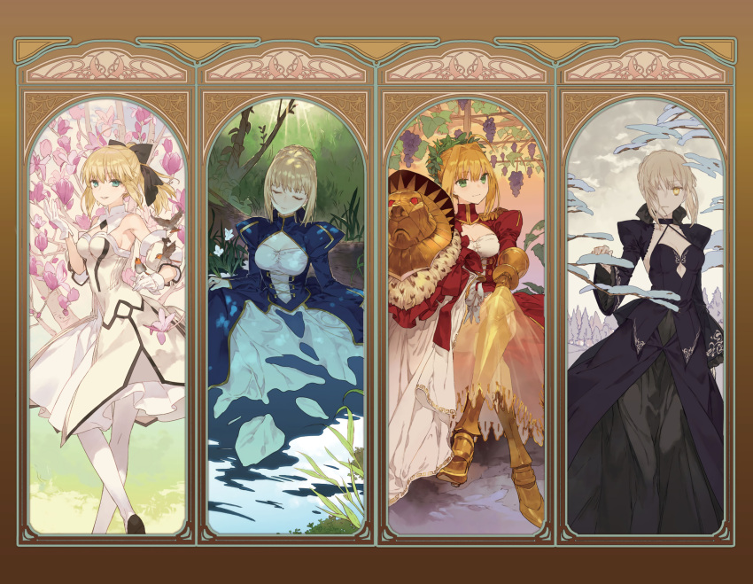 4girls aestus_estus ahoge armor armored_boots armored_dress artoria_pendragon_(all) bare_shoulders black_bow black_dress blonde_hair blue_bow blue_dress blush boots bow braid breasts brown_bow caliburn closed_mouth commentary_request dark_excalibur detached_sleeves dress excalibur facial_mark fate/extra fate/grand_order fate/stay_night fate/unlimited_codes fate_(series) gauntlets glowing glowing_sword glowing_weapon green_eyes hair_bow hair_bun hair_intakes hair_ribbon highres holding holding_sword holding_weapon juliet_sleeves knee_boots light_brown_hair long_sleeves looking_at_viewer medium_breasts multiple_girls nero_claudius_(fate) nero_claudius_(fate)_(all) parted_lips puffy_short_sleeves puffy_sleeves red_dress red_ribbon ribbon saber saber_alter saber_lily short_sleeves sidelocks sleeveless sleeveless_dress sleeves_past_wrists small_breasts smile sword weapon white_background white_dress white_sleeves wide_sleeves