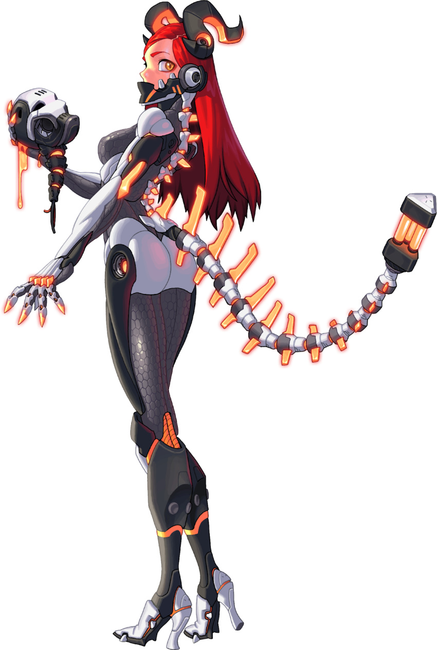 1girl arched_back ass bangs bodysuit bongchoonsik breasts covered_mouth cyborg eyeshadow from_side full_body glowing_horns glowing_tail grey_bodysuit hand_up high_heels highres holding holding_head horns long_hair looking_at_viewer looking_to_the_side makeup mechanical_tail medium_breasts nose original parted_bangs parted_hair redhead second-party_source sideways_glance skin_tight solo standing tail transparent_background