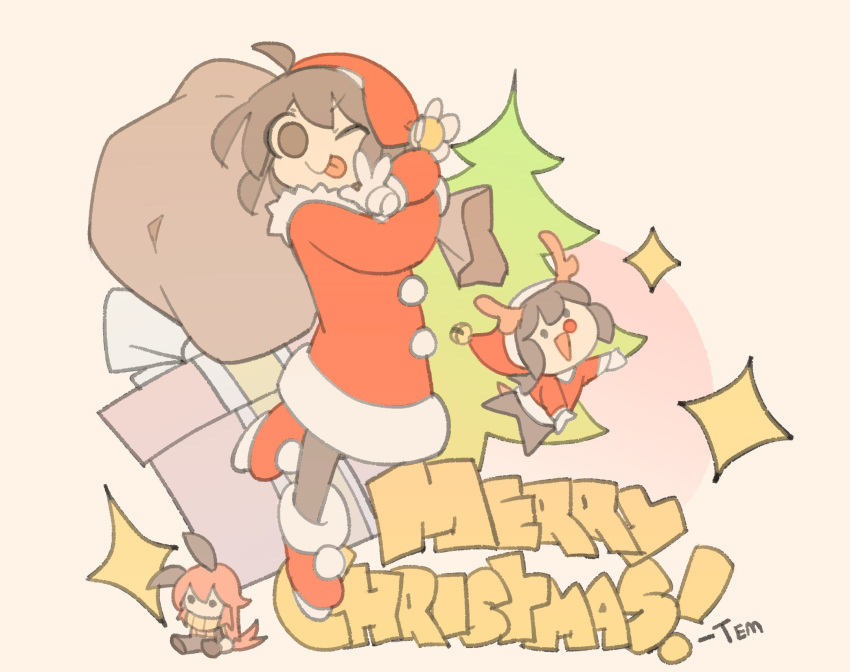 animal_costume bag box brown_hair christmas christmas_rose christmas_tree gift gift_box highres original reindeer_costume simple_background star temmie_chang text_focus