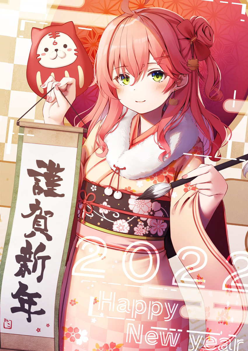 1girl 2022 35p_(sakura_miko) ahoge bangs bell blush bow closed_mouth commentary_request eyebrows_visible_through_hair floral_print fur_trim green_eyes hair_bell hair_between_eyes hair_bow hair_bun hair_ornament happy_new_year highres holding holding_paintbrush hololive japanese_clothes jingle_bell kimono long_hair long_sleeves looking_at_viewer nail_polish new_year nyan_(reinyan_007) obi paintbrush pink_kimono pink_nails red_eyes sakura_miko sash smile solo translation_request virtual_youtuber wide_sleeves x_hair_ornament