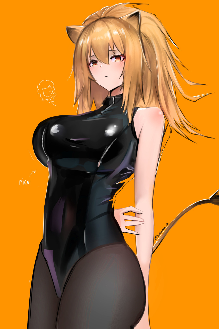 1girl absurdres alternate_costume animal_ears arknights arms_behind_back arrow_(symbol) bangs bare_arms bare_shoulders black_legwear black_leotard blonde_hair blush breasts closed_mouth covered_navel english_text eyebrows_visible_through_hair highres large_breasts latex latex_leotard leotard lion_ears lion_girl lion_tail long_hair looking_at_viewer orange_background pantyhose ponytail red_eyes sidelocks siege_(arknights) simple_background solo tail wawamachi_(wawamachis)