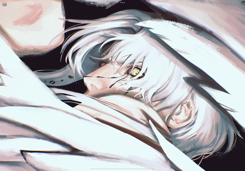 1boy black_tears cropped crying crying_with_eyes_open emet-selch eyelashes face feathered_wings final_fantasy final_fantasy_xiv highres looking_at_viewer male_focus painterly solo tears tyt_tham veins white_hair wings yellow_eyes