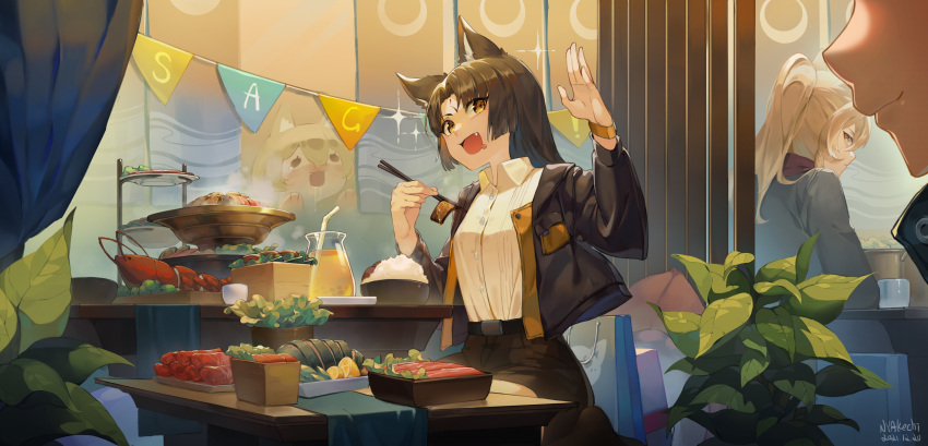 3girls :d absurdres against_window akechin alternate_costume animal_ear_fluff animal_ears arknights arm_up artist_name bag bangs belt black_jacket black_legwear black_shorts blonde_hair bowl breasts ceobe_(arknights) character_name chopsticks collared_shirt crying dated dog_ears dress_shirt drink drinking_straw drooling eating eyebrows_behind_hair facial_mark fang food forehead_mark fruit highres holding holding_chopsticks indoors jacket lemon lobster long_sleeves looking_at_viewer meat multiple_girls no_shoes open_clothes open_jacket open_mouth parted_bangs pennant plant plate ponytail potted_plant restaurant rice rice_bowl saga_(arknights) saliva shirt shopping_bag short_shorts shorts sitting smile solid_circle_eyes solo_focus sparkle steam table tears tiered_tray wariza watch watch waving white_shirt yellow_eyes