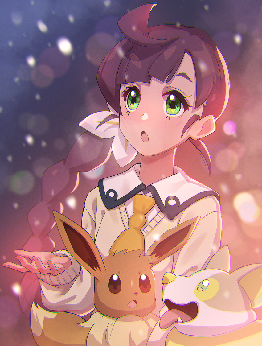 1girl :o absurdres ascot bangs blurry blush braid braided_ponytail chloe_(pokemon) collared_dress commentary_request dress eevee eyelashes flower green_eyes hair_flower hair_ornament highres long_hair long_sleeves looking_up open_mouth pink_flower pokemon pokemon_(anime) pokemon_(creature) pokemon_swsh_(anime) samiou school_uniform sweater tongue upper_body white_dress yamper yellow_ascot yellow_sweater