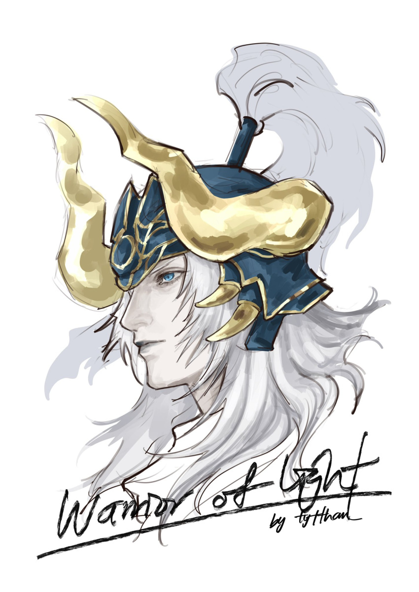 1boy blue_eyes character_name closed_mouth english_text face fake_horns final_fantasy final_fantasy_xiv grey_hair helmet highres horned_headwear horned_helmet horns long_hair male_focus pale_skin signature simple_background sketch solo tyt_tham warrior_of_light white_background yellow_horns