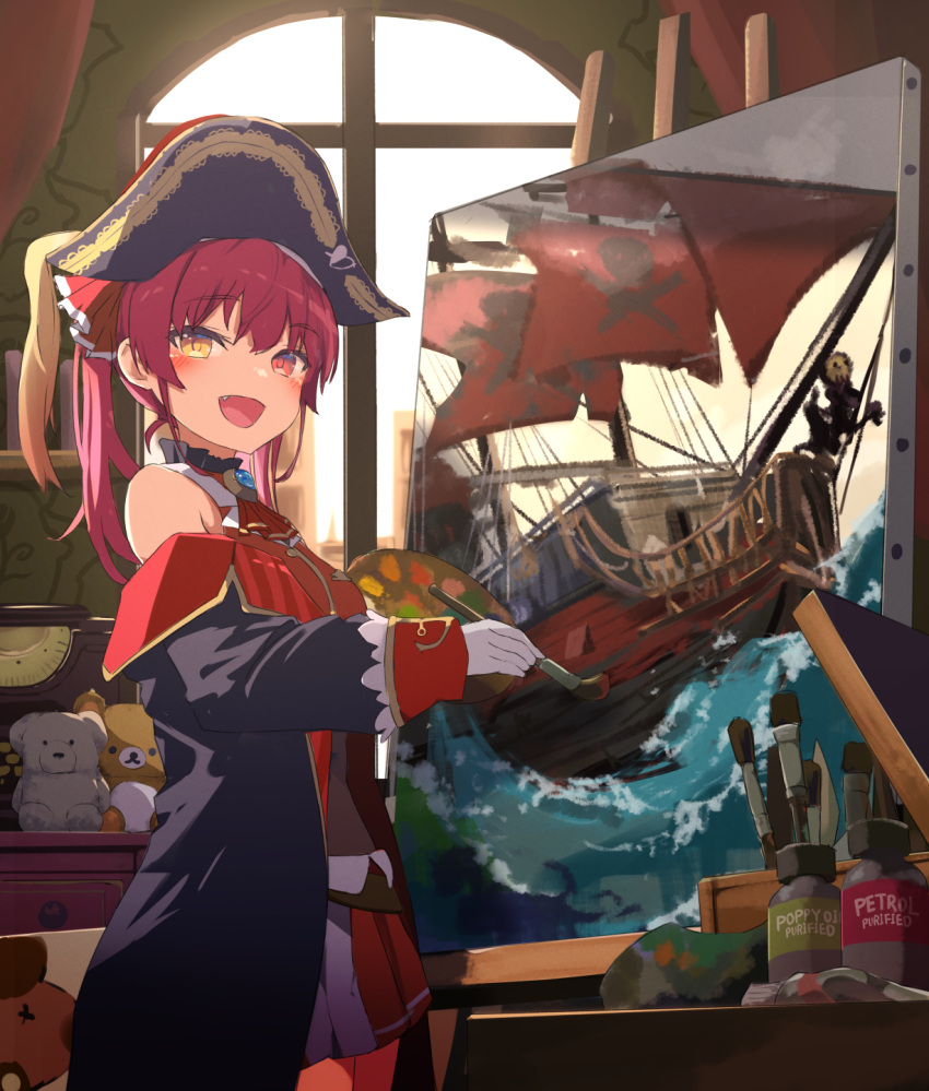 1girl bangs bare_shoulders blush canvas_(object) commentary_request cowboy_shot eyebrows_visible_through_hair hair_between_eyes hair_ribbon hat heterochromia highres holding holding_paintbrush hololive houshou_marine long_hair long_sleeves off-shoulder_coat off_shoulder open_mouth paintbrush painting pirate_costume pirate_hat pirate_ship red_eyes red_ribbon redhead remini_(scenceremini) ribbon smile solo standing stuffed_toy virtual_youtuber yellow_eyes