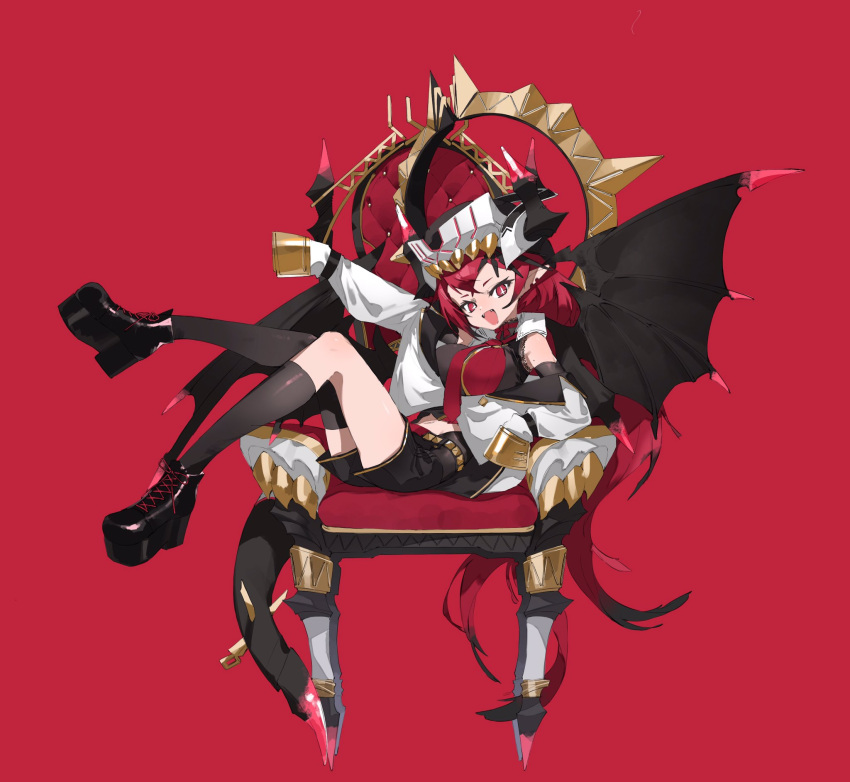 +_+ 1girl arm_up bare_shoulders belt black_footwear black_hair black_horns black_legwear black_tail black_wings bow chair choker demon_girl demon_horns demon_tail demon_wings earrings fangs hat highres horns horns_through_headwear jewelry long_hair mole mole_on_arm multicolored_hair navel necktie open_mouth original orihira pointy_ears red_background red_bow red_eyes red_necktie redhead simple_background sitting sleeves_past_fingers sleeves_past_wrists smile solo studded_belt symbol-shaped_pupils tail thigh-highs throne very_long_hair white_headwear wings