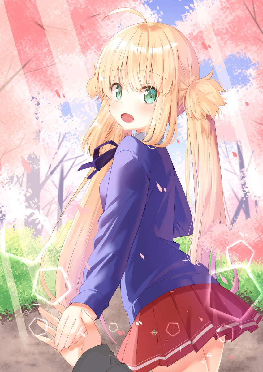 1girl 1other absurdres ahoge alternate_costume aro_1801 artoria_pendragon_(caster)_(fate) artoria_pendragon_(fate) back bangs blonde_hair blue_cardigan blue_ribbon blue_sky blush cardigan cherry_blossoms contemporary eyebrows_visible_through_hair fate/grand_order fate_(series) green_eyes hair_between_eyes highres holding_hands leaf long_hair long_sleeves looking_at_viewer looking_back miniskirt mixed-language_commentary neck_ribbon open_mouth outdoors petals plant pleated_skirt pov red_skirt ribbon sidelocks skirt sky smile tongue twintails very_long_hair