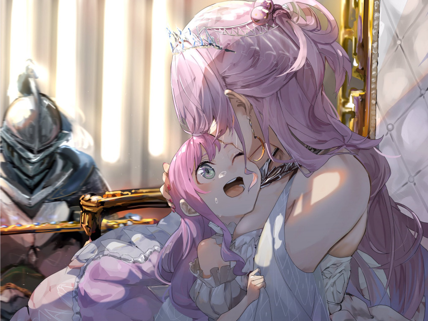 1other 2girls age_difference armor bangs bare_shoulders breasts dress earrings frilled_dress frills funi_mu9 hair_ornament hand_on_another's_head helmet highres himemori_luna hololive hug jewelry kiss kneeling knight long_hair medium_breasts medium_hair mother_and_daughter multiple_girls one_eye_closed open_mouth pink_hair puffy_sleeves sitting smile tears throne throne_room tiara virtual_youtuber wavy_hair