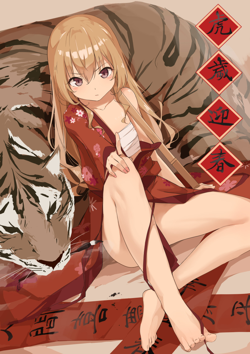1girl absurdres aisaka_taiga animal bangs bare_shoulders barefoot bokken bottomless brown_eyes brown_hair closed_mouth commentary_request eyebrows_visible_through_hair floral_print full_body highres japanese_clothes kimono long_hair looking_at_viewer looking_up off-shoulder_kimono painnico paintbrush pointing pointing_up red_kimono red_ribbon ribbon sarashi sitting solo sword tiger toradora! translation_request weapon wooden_sword yukata