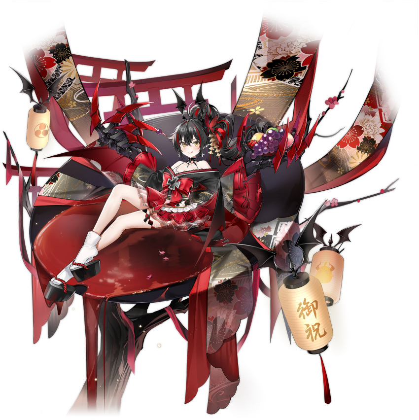 1girl :q azur_lane bare_shoulders bat_wings black_hair claw_(weapon) cross full_body hair_between_eyes hair_ornament highres iron_cross lantern long_hair looking_at_viewer mechanical_arms miniskirt multicolored_hair off_shoulder official_alternate_costume official_art paper_lantern red_skirt redhead single_mechanical_arm skirt socks solo streaked_hair tongue tongue_out transparent_background two-tone_hair vilor weapon white_legwear wide_sleeves wings yellow_eyes z24_(azur_lane) z24_(festival-going_fiend)_(azur_lane)