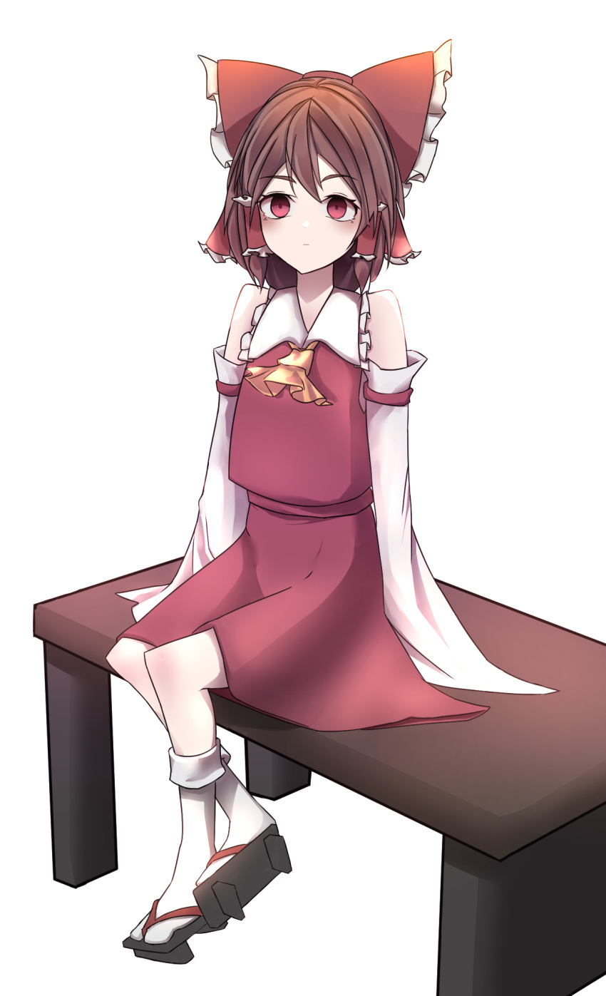 1girl bow brown_hair hair_bow hakurei_reimu highres lztk0 red_bow red_eyes red_skirt self_upload skirt solo touhou white_background