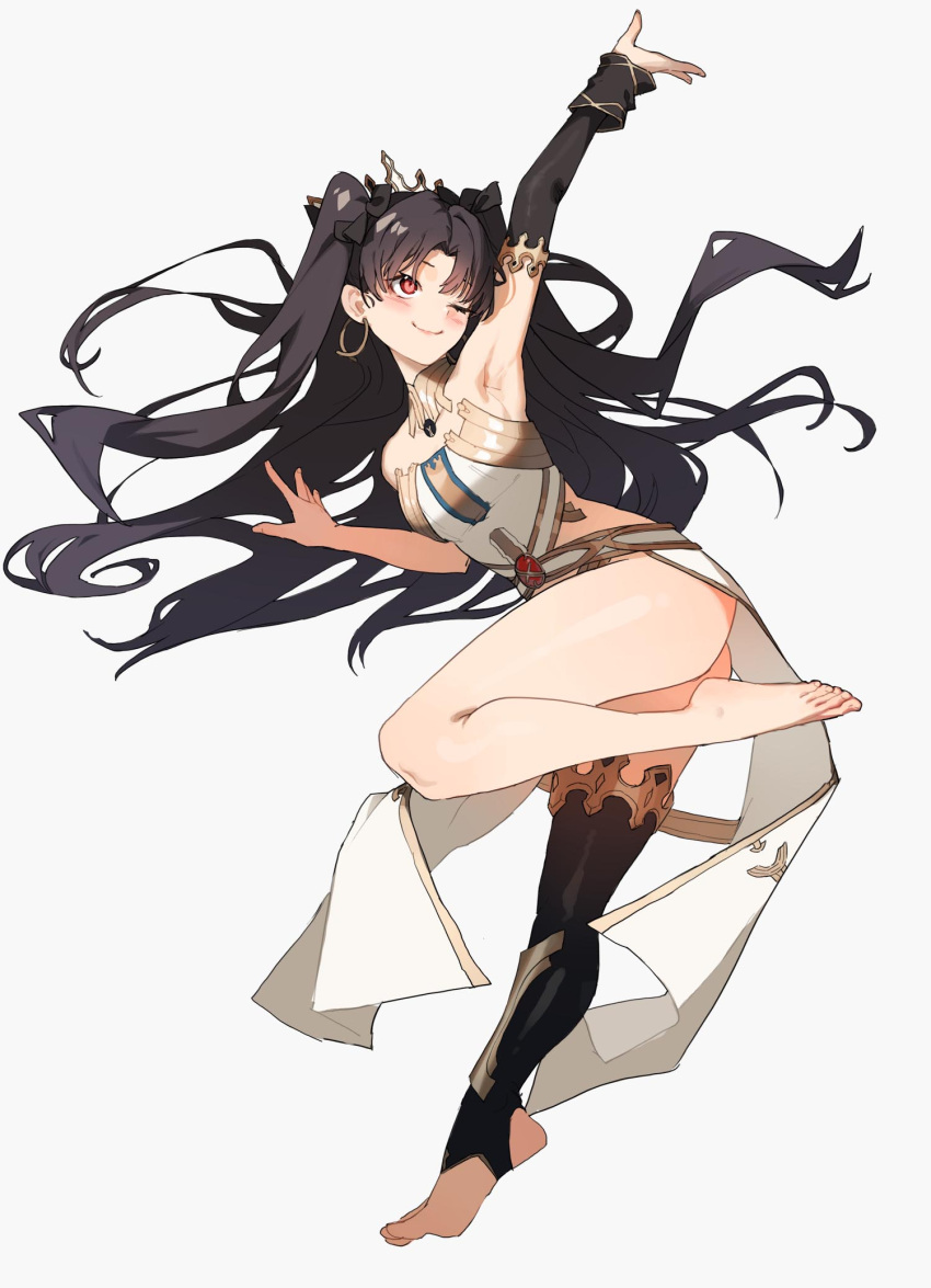 1girl barefoot black_hair breasts detached_sleeves earrings fate/grand_order fate_(series) highres hoop_earrings ishtar_(fate) jewelry red_eyes single_detached_sleeve single_thighhigh small_breasts smile solo thigh-highs tunamayo_(dsasd751)