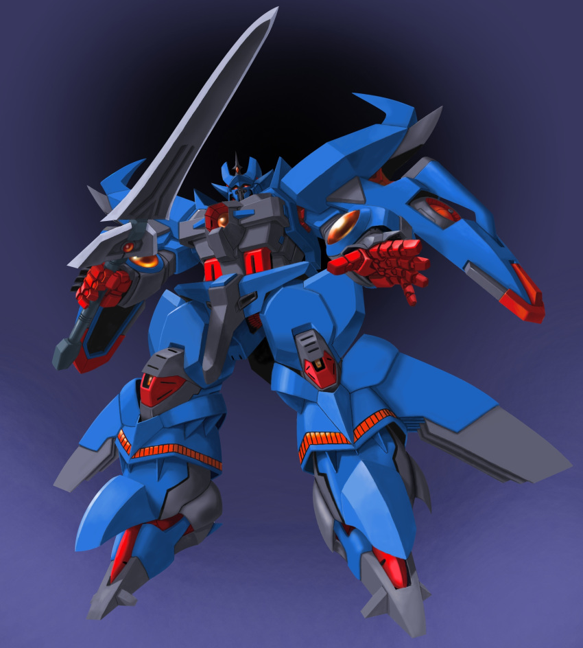 clenched_hands granzon highres holding holding_sword holding_weapon looking_at_viewer looking_down mecha moon no_humans osamu_(pixiv12554) solo super_robot super_robot_wars super_robot_wars_original_generation sword weapon yellow_eyes