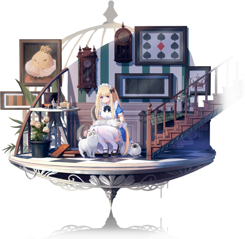 1girl allenes animal azur_lane black_bow black_footwear blonde_hair blue_eyes bow cat full_body garter_straps highres icarus_(at_your_service)_(azur_lane) icarus_(azur_lane) kneeling long_hair looking_at_viewer maid maid_headdress official_alternate_costume official_art smile thigh-highs transparent_background white_legwear