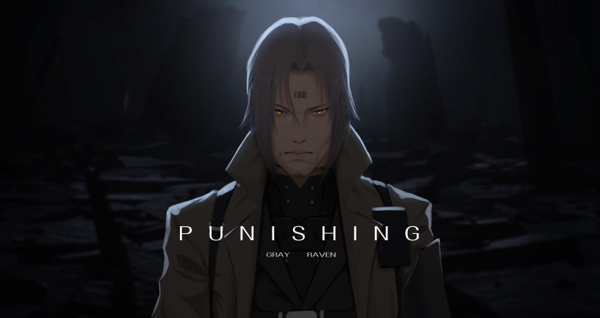 1boy bangs barcode barcode_tattoo black_shirt brown_coat brown_eyes brown_hair character_request closed_mouth coat colomar facial_hair forehead goatee highres lips long_hair long_sleeves looking_at_viewer medium_hair open_clothes open_coat punishing:_gray_raven shirt solo tattoo