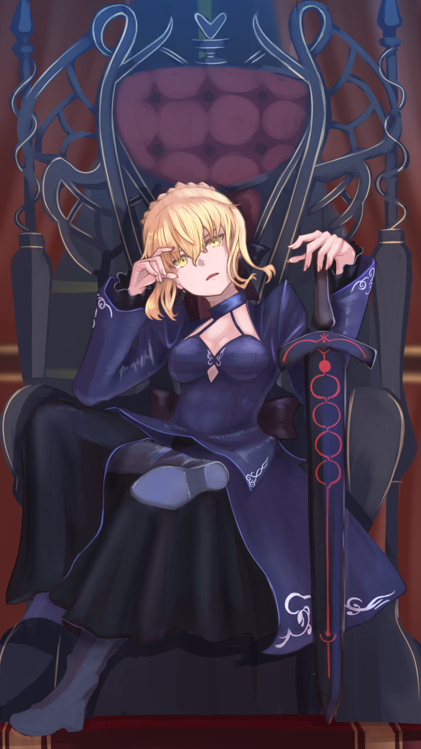 1girl artoria_pendragon_(all) backless_dress backless_outfit bangs black_bow black_dress black_footwear black_legwear boots bow braid breasts brown_eyes closed_mouth commentary_request dark_excalibur dress eyebrows_visible_through_hair fate/grand_order fate_(series) from_side hair_between_eyes hair_bow hair_bun highres holding holding_sword holding_weapon juliet_sleeves light_brown_hair long_sleeves looking_at_viewer looking_to_the_side ojikurage puffy_sleeves saber_alter small_breasts solo standing sword thigh-highs thigh_boots weapon
