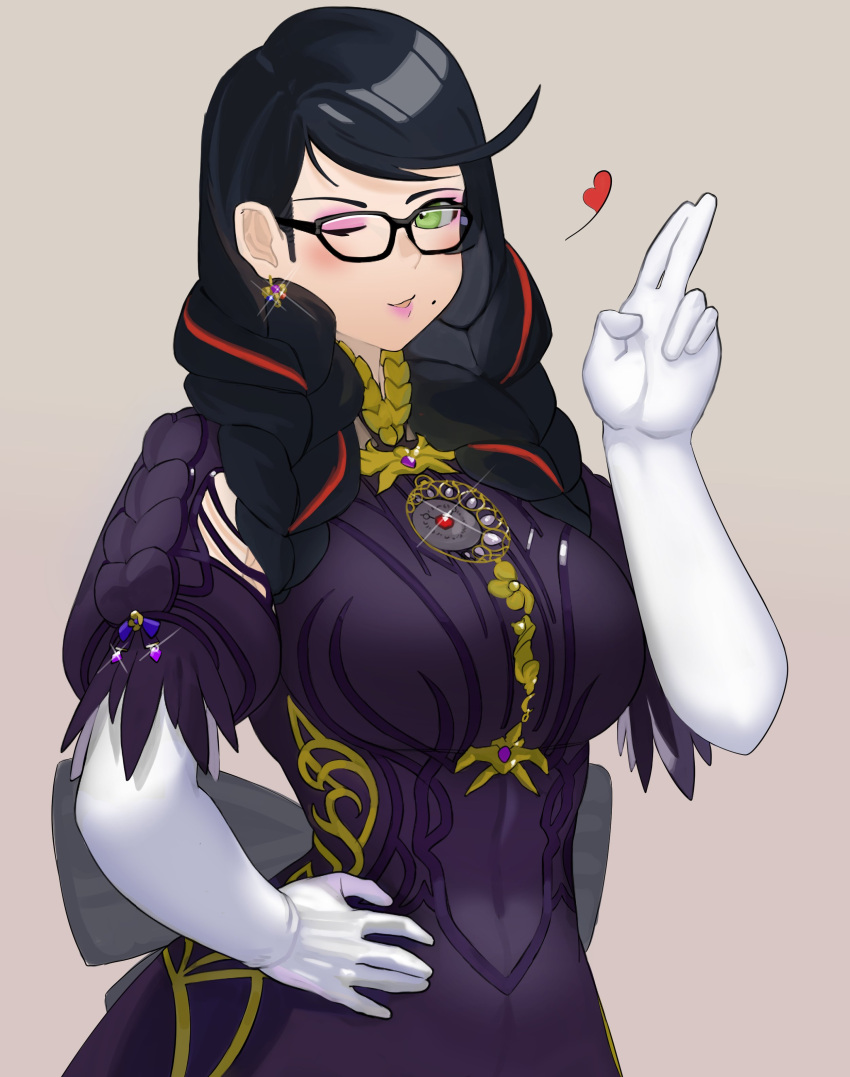 1girl absurdres bayonetta bayonetta_(series) bayonetta_3 black_hair blush buffy_(risottosf) earrings gem glasses gloves hand_on_hip hand_up highres jewelry lips lipstick long_hair makeup mole mole_under_mouth multicolored_hair one_eye_closed white_gloves