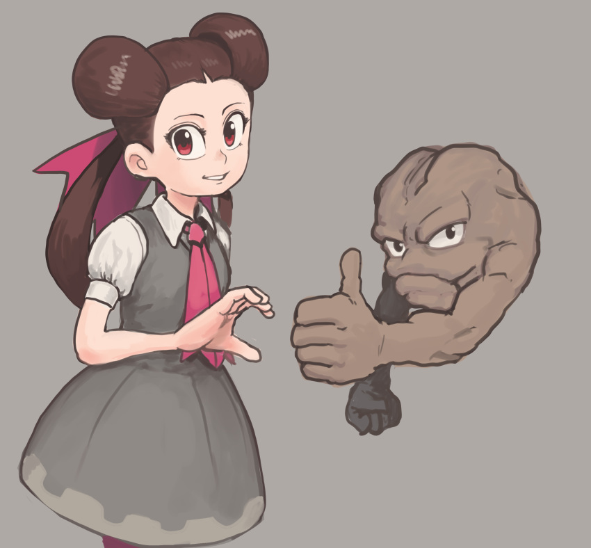 1girl absurdres brown_hair chanta_(ayatakaoisii) collared_shirt cowboy_shot dress geodude grey_background grey_dress hair_ribbon heart_hands_failure highres long_hair pantyhose parted_lips pink_ribbon pokemon pokemon_(creature) red_eyes ribbon roxanne_(pokemon) shirt short_sleeves simple_background smile solo thumbs_up twintails white_shirt