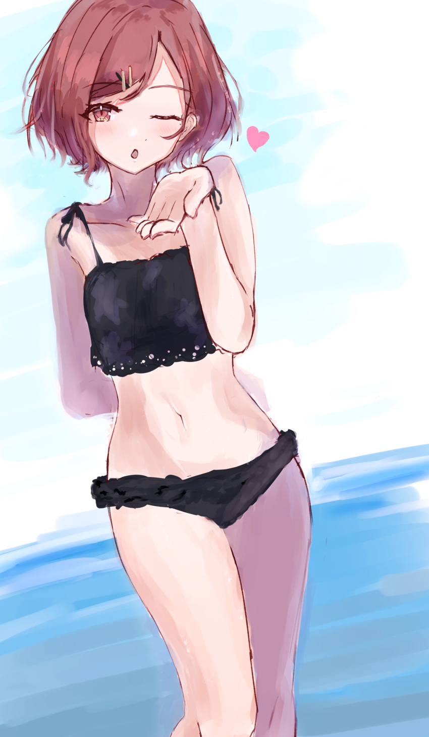 1girl ;o absurdres arm_behind_back bikini black_bikini blowing_kiss collarbone eyebrows_visible_through_hair feet heart heart_print highres higuchi_madoka idolmaster idolmaster_shiny_colors looking_at_viewer mole mole_under_eye navel ocean one_eye_closed red_eyes redhead sanshoku_dango_(ahxf3842) short_hair solo swimsuit wavy_hair