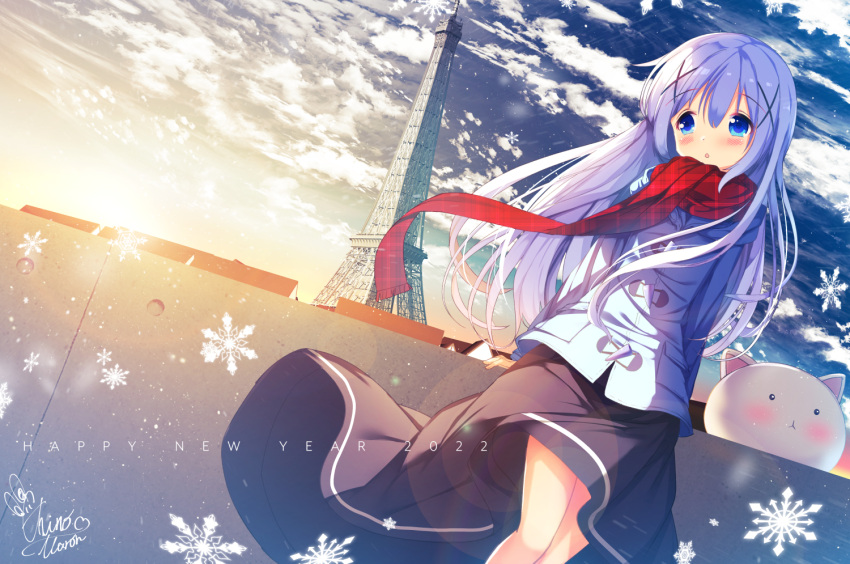 1girl angora_rabbit animal blue_eyes blue_hair blush chinomaron eyebrows_visible_through_hair gochuumon_wa_usagi_desu_ka? hair_between_eyes hair_ornament kafuu_chino long_hair long_sleeves parted_lips rabbit red_scarf scarf solo tippy_(gochiusa) x_hair_ornament