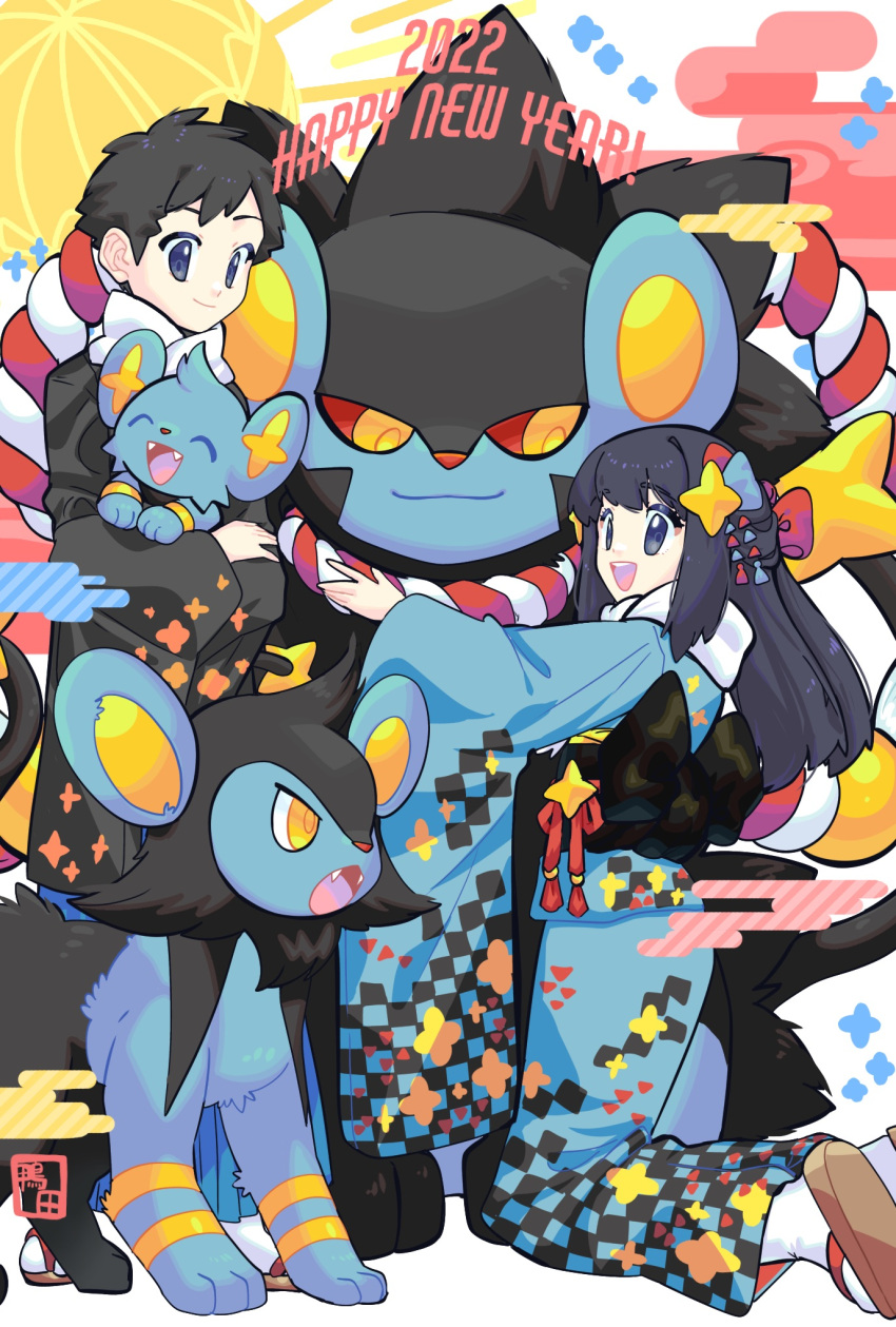 1boy 1girl :d alternate_costume bangs black_hair blue_kimono closed_mouth commentary_request grey_eyes hair_ornament highres hikari_(pokemon) japanese_clothes kamota_(momokomati) kimono kneeling long_hair lucas_(pokemon) luxio luxray open_mouth pokemon pokemon_(creature) pokemon_(game) pokemon_dppt scarf shinx short_hair sidelocks smile tabi teeth tongue upper_teeth white_scarf wide_sleeves zouri